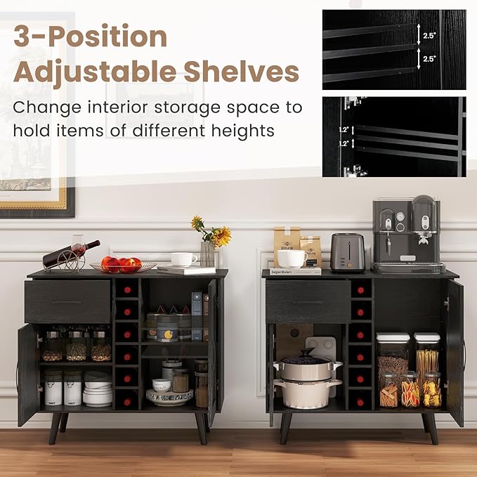 Buffet Cabinet with Storage, Liquor Cabinet w/ 6-Bottle Wine Rack, 1 Drawer & 2 Doors, Wood Buffets & Sideboards, Farmhouse Coffee Bar Table for Kitchen, Dining Living Room, Entryway (Black)