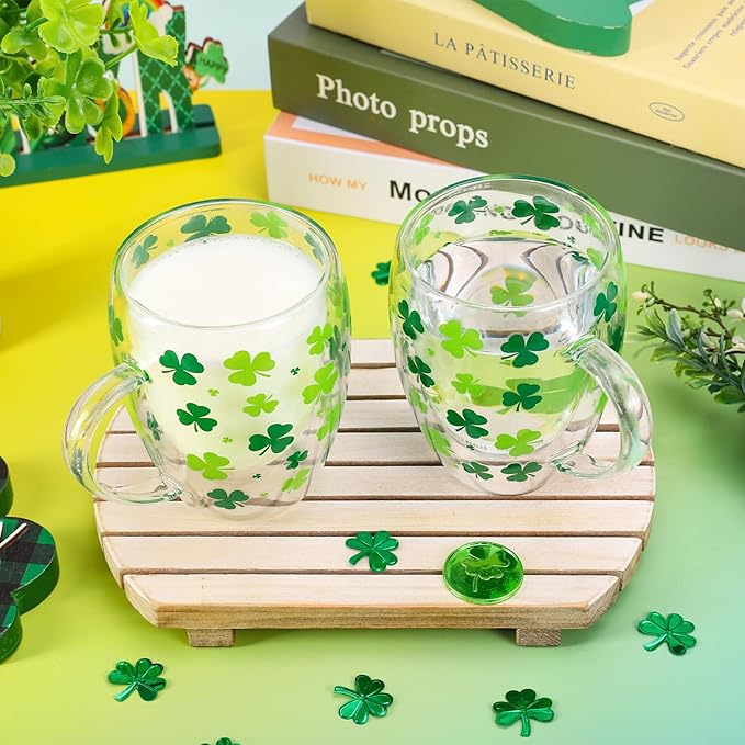 JarThenaAMCS St. Patrick's Day Coffee Mugs with Handle Shamrock Double Wall Glass Insulated Glasses 12Oz Clear Espresso Cups for Cappuccino Latte Tea Home Holiday Supplies, Set of 2