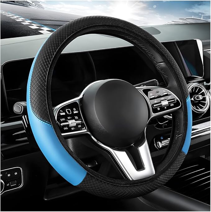 Elastic Car Steering Wheel Cover, Microfiber Leather Carbon Fiber Vehicle Steering Wheel Protector With Anti-Slip Lining - Black+Blue, AD