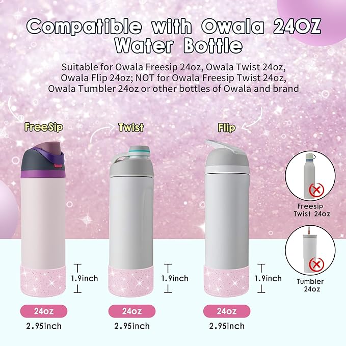 Protective Glitter Silicone Boot Compatible with Owala 24oz 32oz 40oz, Bling Cup Sleeve Bottom Bumper Cover Compatible with Owala FreeSip, Twist, or Flip Stainless Steel Water Bottles