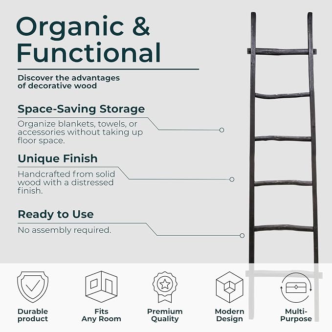 Decorative Vertical Ladder with Towel Rack Design for Blankets - Slim Storage Stand with Hooks for Bedroom or Living Room - Classic Textile Display Accent for Home Decor Ladder - 76", Black
