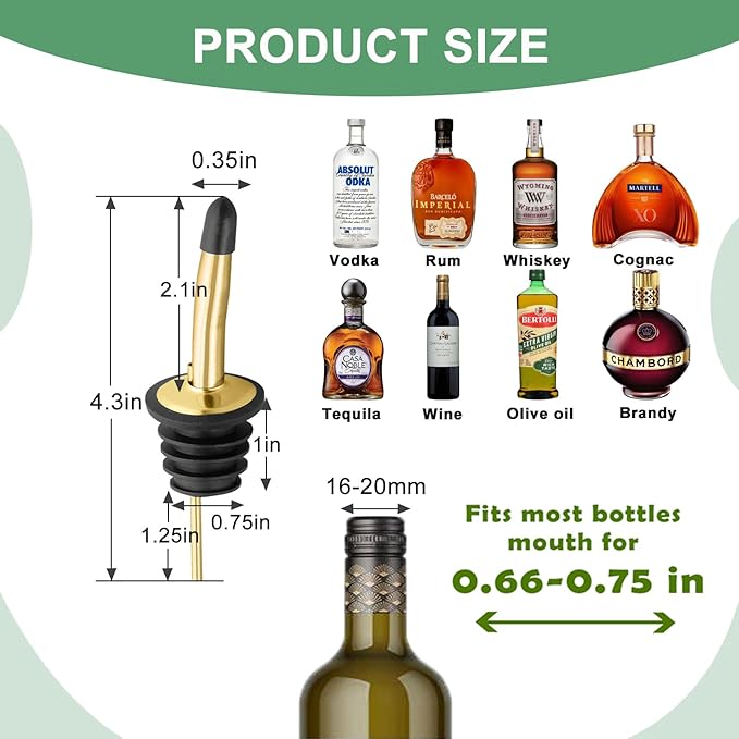 WAFJAMF 6 Pcs Liquor Pour Spouts Set, Stainless Steel Liquor Bottle Pourers with Rubber Dust Caps, for Pours Liquid, Olive Oil, Wine, Vinegar (Gold)