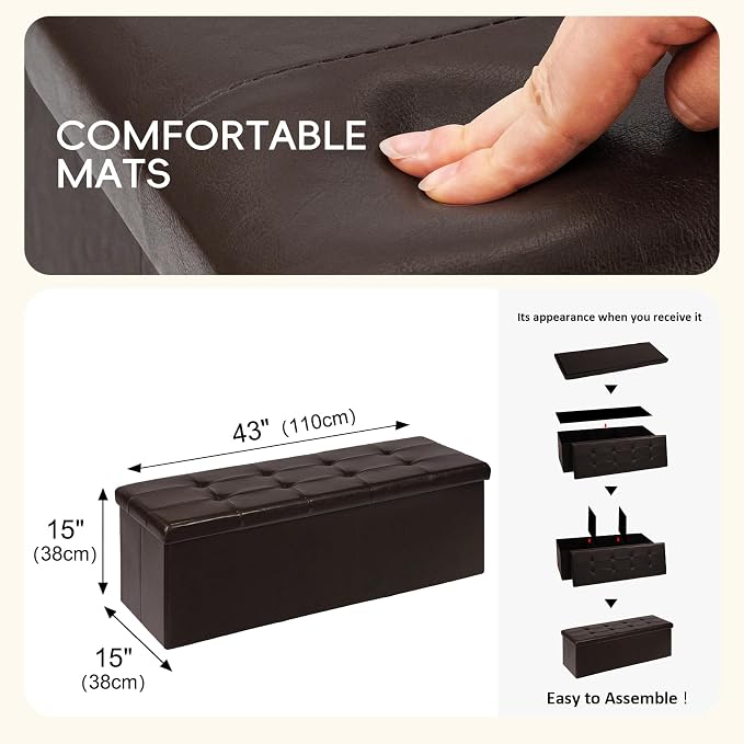 PINPLUS Folding Storage Ottoman Bench, Brown Faux Leather Long Storage Chest Footstool Seat, Bench for Bedroom and Hallway, 43.3"x15.7"x15.7"