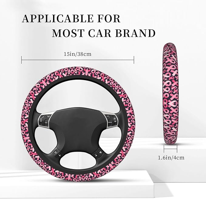 Breast Cancer Awareness Ribbon Universal Fit Steering Wheel Cover for Car, Truck, and SUV, Durable Steering Wheel Protection