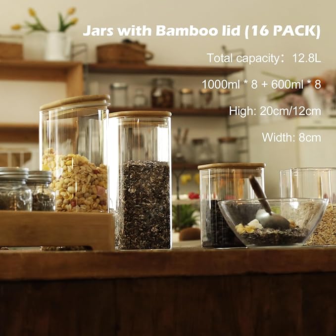 LIBWYS 16-Pack Square Glass Storage Jars with Bamboo Lids (0.6Qt/1.06Qt) - Stackable Food Containers for Pantry Organization, Coffee, Flour, Snacks, Tea | Kitchen Canisters Set