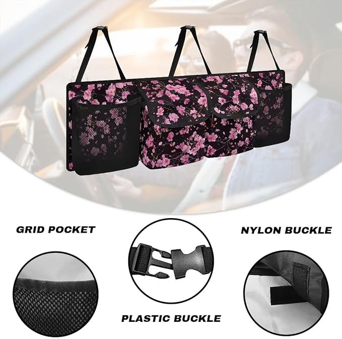 Car Trunk Organizer and Storage, Cherry Blossom Large Capacity Backseat Hanging Storage with 4 Storage Bag Car Accessories, Backseat Car Organizer Universal for Cars, Truck, vans