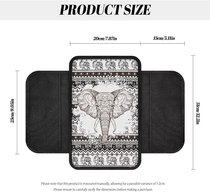 BIGCARJOB Boho Elephant Print Armrest Cover Cushion with Side Pockets Universal Middle Console Cover Vintage Elephant Print Center Console Organizer Bag Armrest Pads