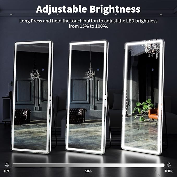 VooBang 76"x34" Large LED Full Length Mirror, Oversized Floor Body Mirror with Lights - 3 Color Modes, Standing Leaning Wall Mounted for Bedroom, Dressing Room White