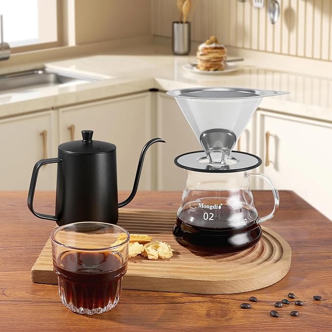Mongdio Pour Over Coffee Dripper, Stainless Steel Coffee Dripper, Reusable Metal Coffee Filter, Double Mesh Design of Pour Over Coffee Maker with Removable Base, 1-4 Cups