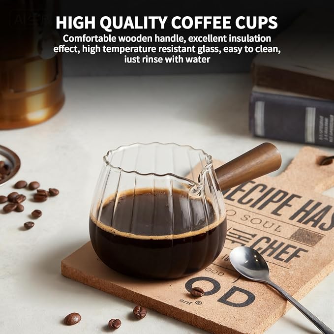 Espresso Cups 6 Oz, Espresso Measuring Cup with Wood Handle, Milk Frothing Cup, Glass Measuring Cup for Coffee, Milk, Tea or Maple Syrup Serving