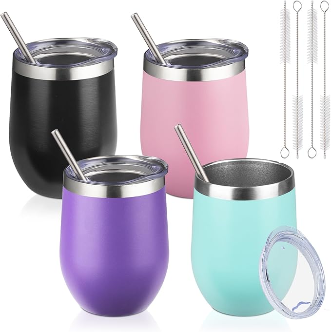 12oz/4 Pack Wine Tumbler with lid, Stainless Steel Travel Mugs Stemless Double Wall Insulated Coffee Cup, Insulated Wine Glasses Travel Tumbler for Cold & Hot Drinks(Mixed color-2, 4)