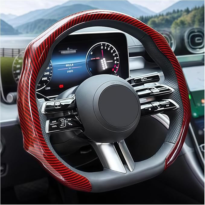 Carbon Fiber Car Steering Wheel Cover, Leather Non-Slip Vehicle Steering Wheel Cover for 14.5-15 Inch, Comfortable Auto Interior Protector Decoration Accessories, Universal Fit(Red)