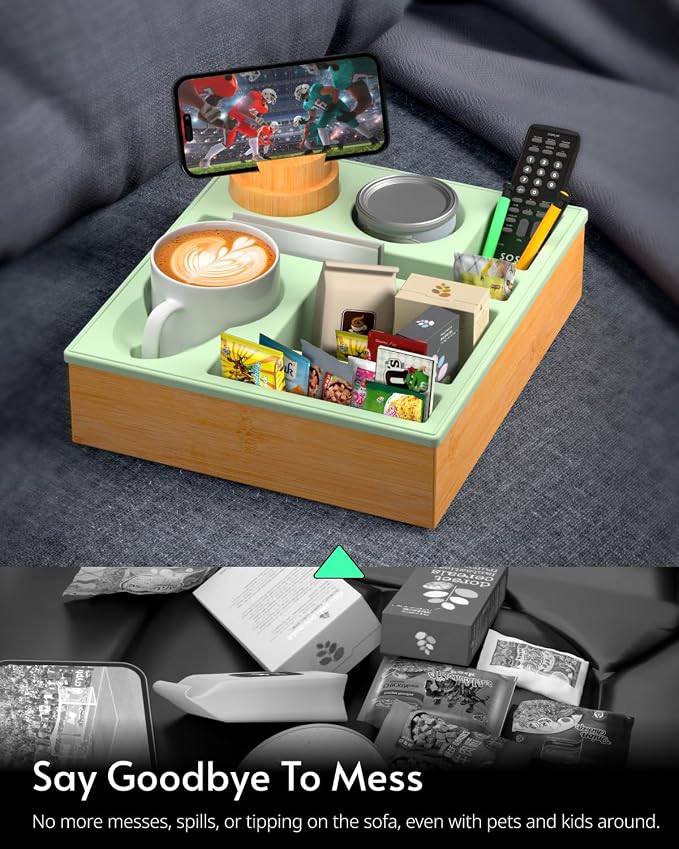 Couch Cup Holder Tray - Couch Organizer Caddy, Silicone Beach Caddy with Cup Holder, Sofa and Bed Drink Holder and Couch Tray Table for Snacks Beverage Remote (Green)