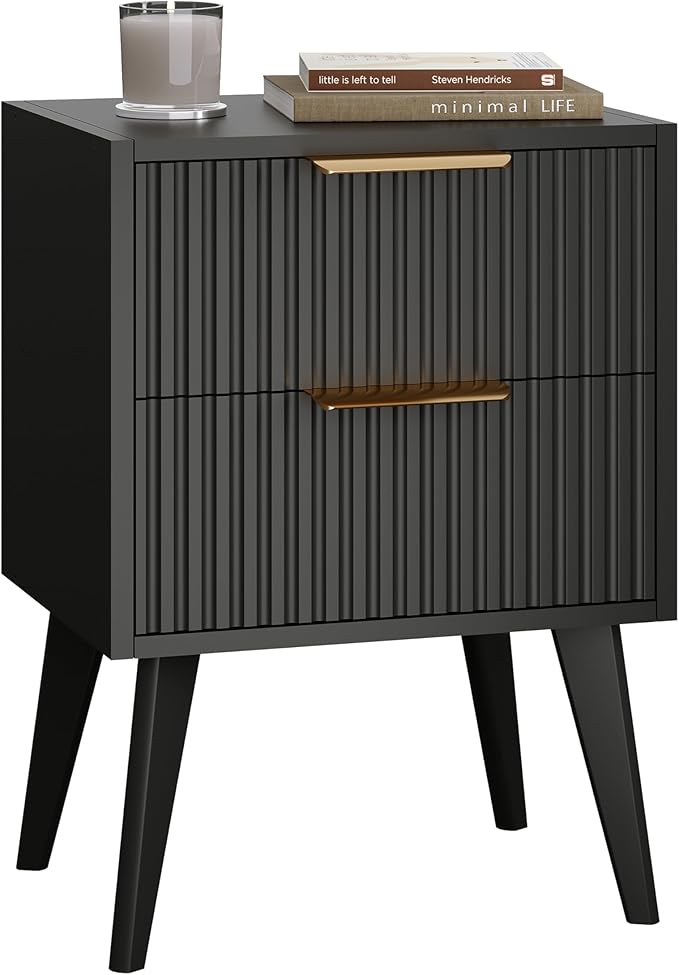 Small Black Night Stand,Modern Bedside Table, Nightstand with 2 Drawers,Fluted Side Table with Wood Legs,Mid Century End Table for Bedroom,Small Space,Black 11.8" D x 16" W x 22.4" H CTG55BK
