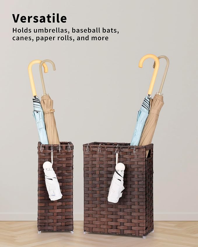 Rattan Umbrella Stand, Umbrella Holder for Entryway, Hand Woven Umbrella Rack Organizer Freestanding, with a Detachable Drip Tray, 4 Hooks, 11.8" L x 5.5" W x 16.5" H