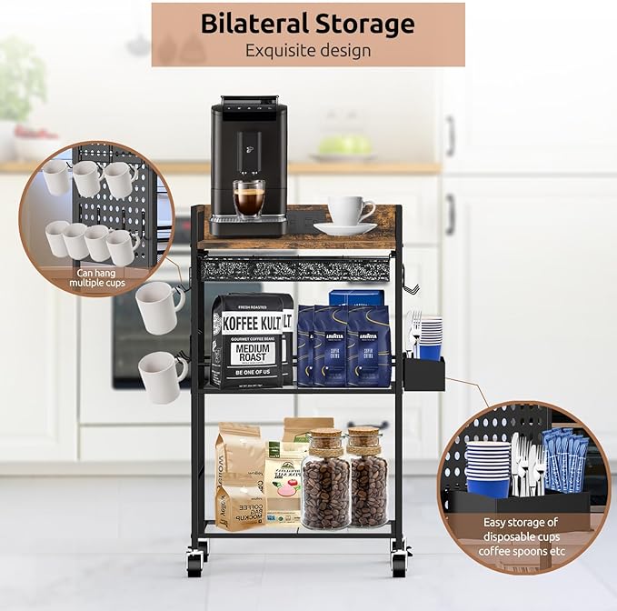 Compact Coffee Bar Cabinet with Power Outlet, Lockable Wheels, and Storage Drawer - Rustic Brown & Black for Office, Living Room, or Small Spaces