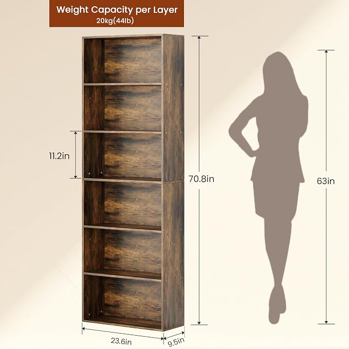 GRUSIGN 71" Tall 6-Tier Bookshelf, Large Open Display Bookcase with Ample Storage, Floor Standing Book Shelf for Living Room, Home Office, Bed Room, Brown