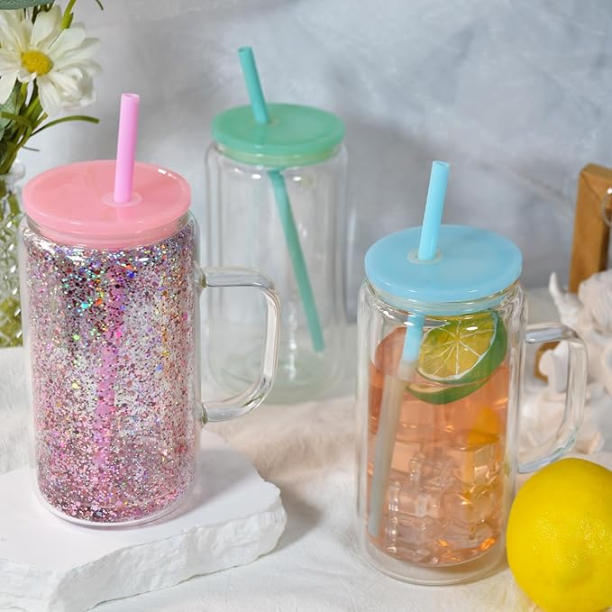 16oz Sublimation Snowglobe Cups with Handle, 4 Pack Pre-Drilled Sublimation Glass Cup with Lid and Straw, Double Wall Glass Coffee Mug, Snowglobe Cup Gifts for Snow Globe DIY Glitter, Colored Lids