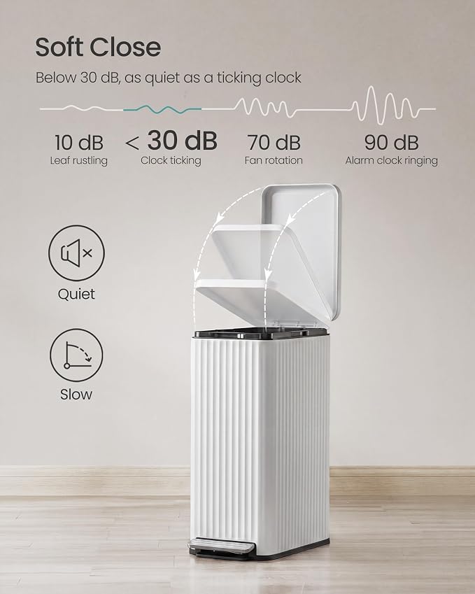 SONGMICS Trash Can, 13 Gallon (50 L) Slim Garbage Can for Kitchen, with Soft-Close Lid, Pedal, Removable Inner Bucket, Stainless Steel, 15 Trash Bags, Space-Saving, Cloud White ULTB350WZ01