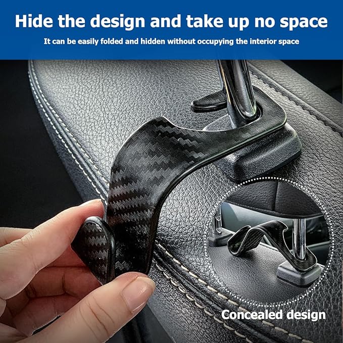 Car Back Seat Headrest Hooks, 4PCS Vehicle Backseat Storage Organizer Hanger, Multifunctional Auto Headrest Hidden Hook Universal for Handbag Purse Backpacks Bags(Carbon Fiber Grey)