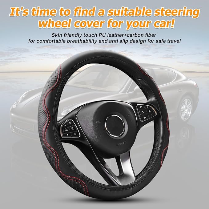 Elastic Stretch Car Steering Wheel Cover, Leather Soft Vehicle Steer Wheel Protector, 14.5-15 Inch Anti-Slip Automotive Protective Guard Accessories, Universal for SUV, Sedan, Truck (Black/Red)