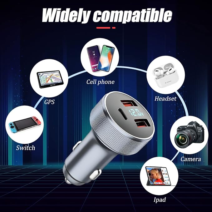 72W Fast Car Charger Adapter, Dual USB Fast Charging Type C Car Charger with LED Display Adapter, QC 3.0 PD Cigarette Lighter Adapter for Laptop Smartphone, 3 in 1 Power Delivery for All Car