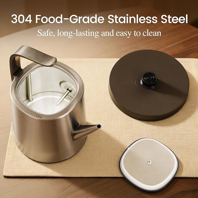 Smartyle® Electric Tea Kettle with Thermometer,1.0L Gooseneck Electric Kettle,304 Stainless Steel,Auto Shut-Off,1200W Pour Over Coffee Pot for Brewing Coffee & Tea at Home,Office,or Café (Chrome)