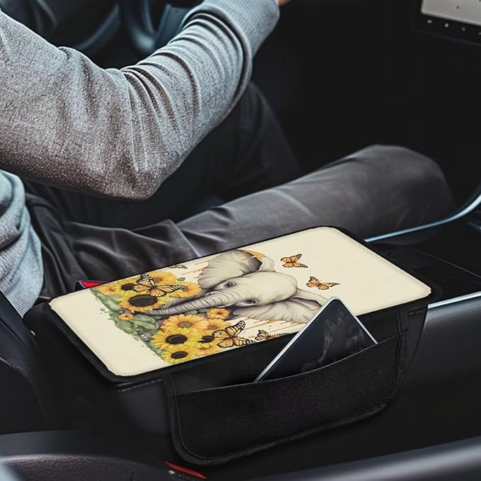 BIGCARJOB Cute Elephant Car Armrest Storage Box for Center Console,Universal Center Console Armrest Pads for Truck Cars Interior Accessories Sunflower Print Car Armrest Seat Box Cover