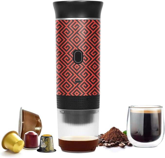 Coffee Maker Gift Set for Camping,Battery Powered Portable Electric Espresso Machine, Rechargeable Coffee Maker Self Heating Ground Coffee Capsule for RV, Hiking (Red)