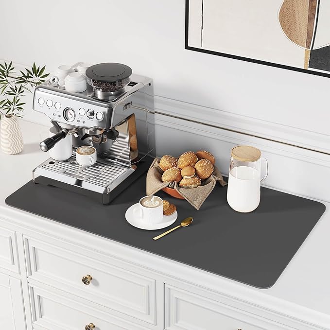 DK177 Coffee Mat - Dish Drying Mat for Kitchen Counter, Hide Stain, Absorbent with Waterproof Rubber Backing, Fit Kitchen Dish Rack Bar Accessories (Dark Gray, 31.5" x 17")