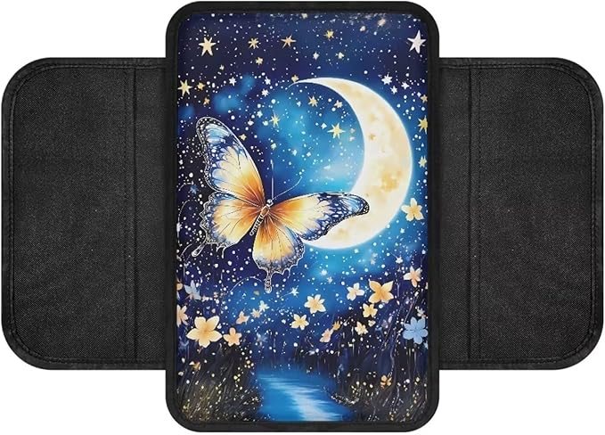 BIGCARJOB Moon Butterfly Center Console Cover for Cars Truck Interior Seat Accessories,Blue Butterfly Print Car Armrest Seat Box Cover Cushion with Side Storage,Universal Fit
