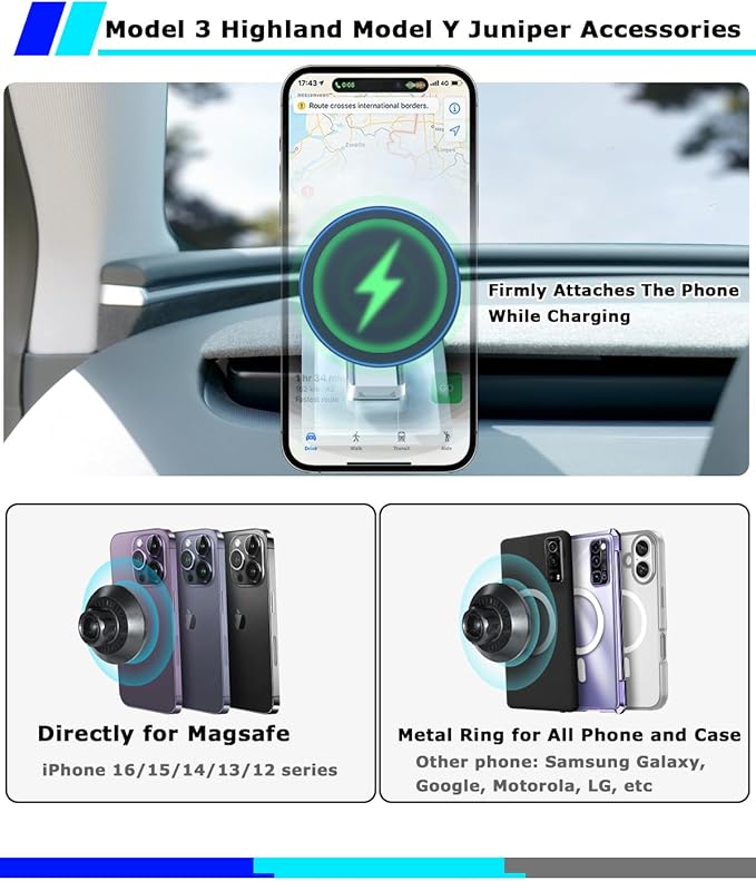 Phone Mount Holder Only for Tesla Model 3 Highland Model Y Juniper 2026 with 15W Wireless Charging, Tesla Phone Charger for Magsafe, Model 3 Model Y Accessories 2025, for iPhone 16 15 14 13 12 Series