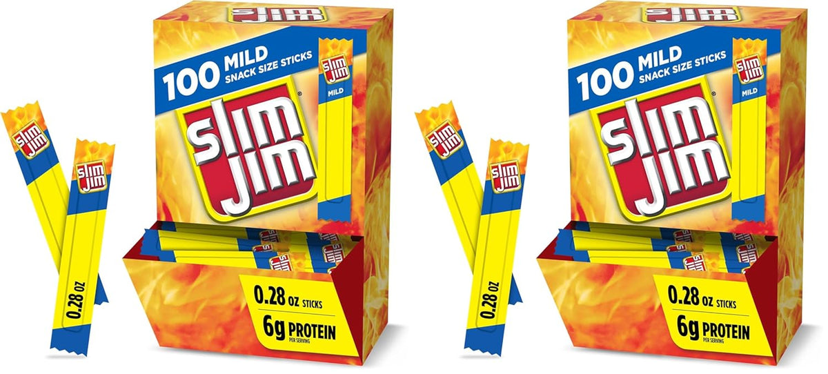 Slim Jim Smoked Meat Sticks, Original Flavor, 6g Protein Per Serving, Snack Size, 0.28 oz. (100 Count)