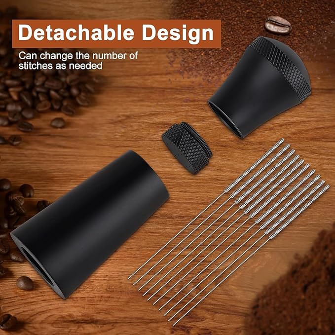 Espresso Coffee Stirrer Tool, WDT Distribution Tool with 7 Fine Stainless Steel Needles 0.3mm, Coffee Tamper Accessories with Ergonomic Handle & Aluminum Base for Home & Coffee Shop
