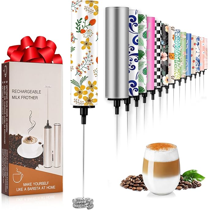 Milk Frother Handheld Rechargeable - 2-Speed Electric Whisk with 5 Detachable Heads (Frother/Mixer/Whisk) for Coffee, Latte, Cappuccino & Matcha, Drink Mixer (Flower 7)