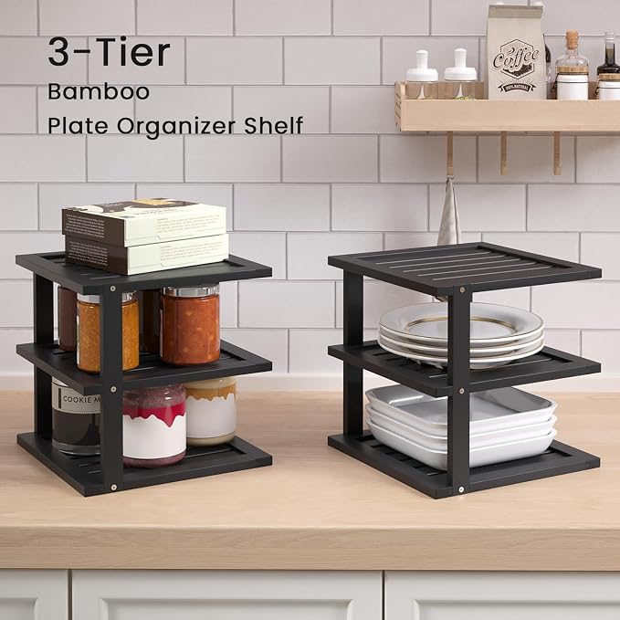 2 Pack Bamboo Corner Shelf,3 Tier Kitchen Cabinet Organizer for Plates and Dishes,Pantry Storage and Spice Rack（Black）