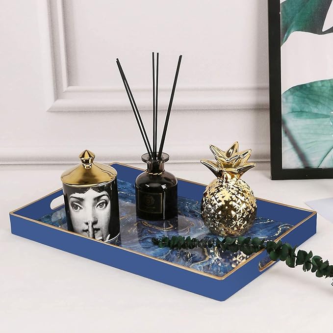 Zosenley Plastic Serving and Decorative Tray with Handles for Ottoman, Coffee Table, Bathroom Vanity, Blue Marble Rectangular Tray for Countertop and Kitchen, 15.6 x 10.2 Inches