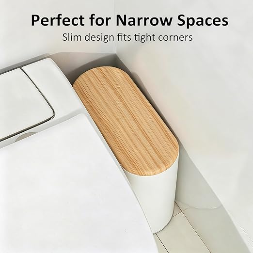 Small Bathroom Trash Can with Lid, 10L/2.6 Gal Slim Wastebasket - Odor & Pet Proof, Inner Bucket & Wood Grain Top, Plastic White Garbage Can for Kitchen, Bedroom, Living Room, Office, RV