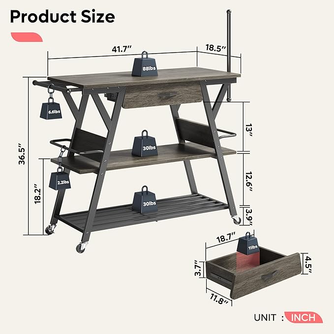 Bestier Coffee Cart Station, 48" W Coffee Bar Table with Storage Drawer, Mobile Kitchen Island on Lockable Wheels, Coffee Bar Cart with Paper & Towel Holder for Dinning Room Living Room, Gray