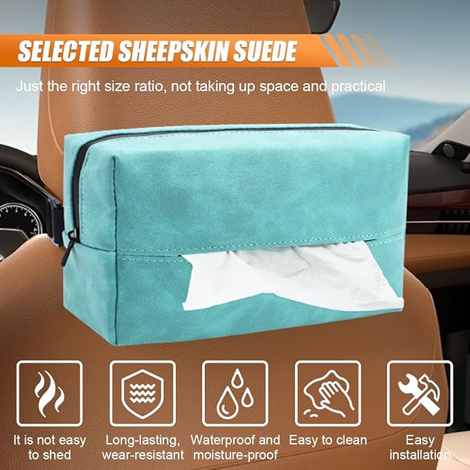 Car Tissue Holder, Rectangular Tissues Box Cover, Back Seat Tissue Dispenser for Tissues, Car Napkin Holder with Elastic Band, Fits for Storage & Organizer (Blue)
