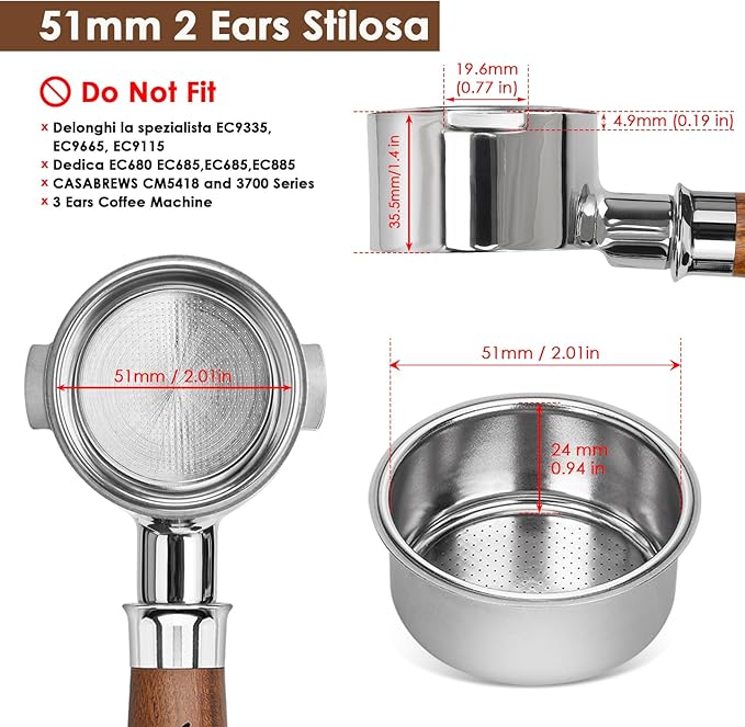 51mm Bottomless Portafilter 2 Ears for Delonghi Stilosa ECP3420/EC155/BCO430/EC260,Stainless Steel Filter Basket and Walnut Handle