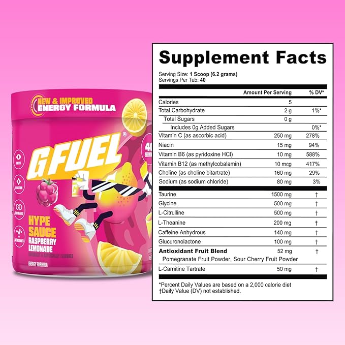G Fuel Hype Sauce 2.0 Energy Drink Powder, Pre Workout Caffeine Mix for Gaming, Sugar Free Focus Amino, Vitamin + Antioxidants, 8.7oz (Raspberry Lemonade, 40 Servings)