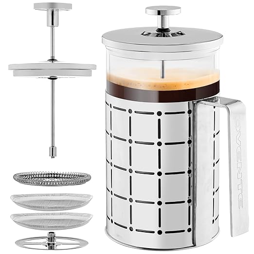 OVENTE French Press Coffee Maker 27 Ounce with Heat Resistant Borosilicate Glass, Stainless Steel Design and 4-Level Filter System, Portable Cold Brewer Pot for Travel, Camping or Gift, Silver FSS27P