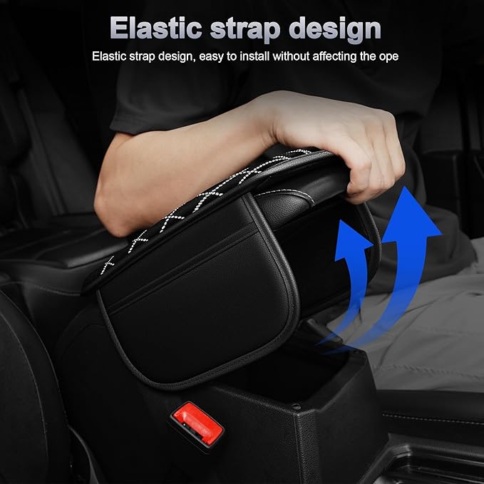 Bling Center Console Cover Fit for Nissan Kicks 2021-2025: with Quilting Pattern Crystal Rhinestone Automotive Armrest Cushion-Stylish Diamond Arm Rest Protection Mat(Black)