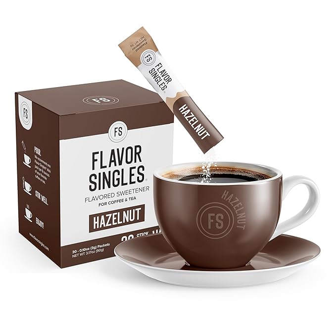 Flavor Singles Hazelnut Powdered Sweetener Packets for Coffee & Tea, Travel Ready Single-Serve Syrup Alternative, 30 Count (Pack of 1)