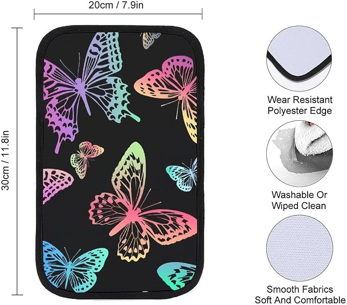 Black Rainbow Butterfly Car Center Console Cushion Pad,Waterproof Armrest Seat Box Cover Protector,Comfortable Car Decor Accessories Fit for Most Cars, Vehicles, SUVs