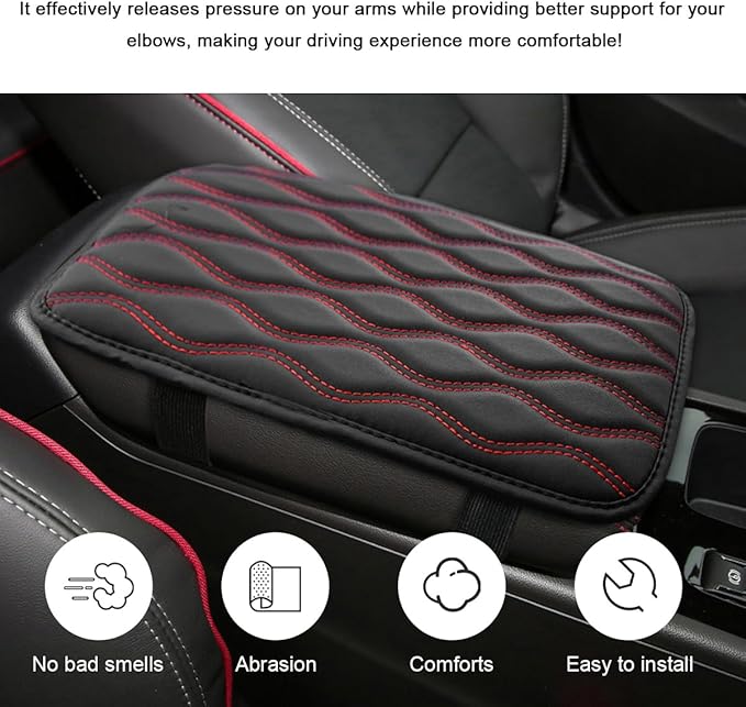 Car Center Console Pad, Waterproof Leather Armrest Seat Box Cover Protector, Non-Slip Middle Console Cushion Pad Interior Decor Fits Most Vehicles, Car Accessories (Black & Red)