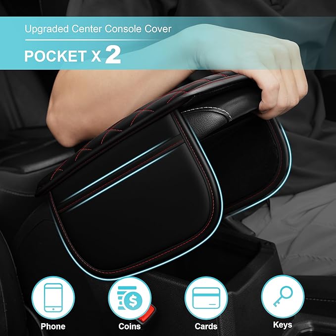 Center Console Cover Fit for Kia Soul 2010-2025 with 2 Storage Bags Waterproof Leather Quilted Pattern Car Armrest Cover Cushion Anti - Slip(Black&Red Line)