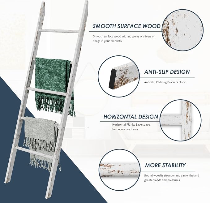 5-Tier Blanket Ladder Wooden, 5.3FT(63'') Blanket Quilt Holder Rack Decorative Ladders, Easy Assembly, Rustic Farmhouse Ladder Shelf for The Living Room Bedroom Bathroom Home Decor, White Wash