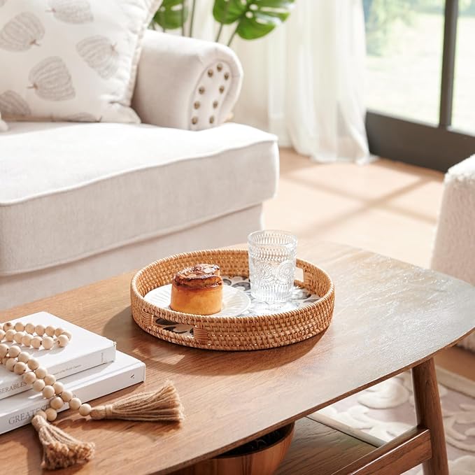 YANGQIHOME Round Serving Tray with Handle, Rattan Tray with Decorative Mother of Pearl Inlay, Round Wicker Trays for Home Decor, Coffee Table, Gifts, Dining, 11.8 inch